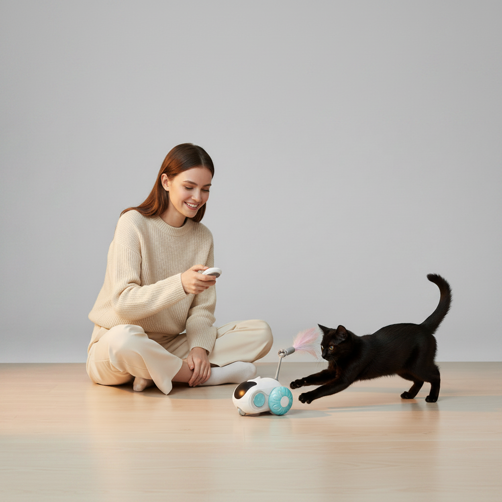 Robotic Cat Toy With Feather Wand